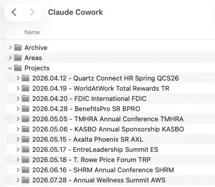 Projects folder expanded, showing about a dozen event folders each named with date, event title, and a short project code at the end