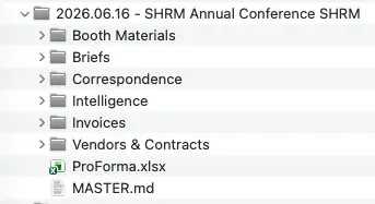 Inside the SHRM event folder showing six subfolders (Booth Materials, Briefs, Correspondence, Intelligence, Invoices, Vendors and Contracts) plus ProForma.xlsx and MASTER.md