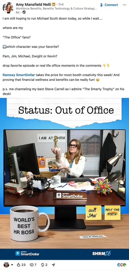 LinkedIn post by Amy Mansfield Nelli about the SmartDollar SHRM26 booth