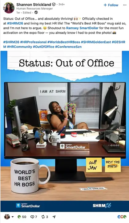 LinkedIn post by Shannon Strickland about the SmartDollar SHRM26 booth
