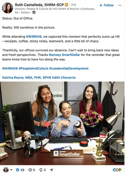LinkedIn post by Ruth Castañeda, SHRM-SCP about the SmartDollar SHRM26 booth