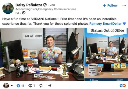 LinkedIn post by Daisy Peñaloza about the SmartDollar SHRM26 booth