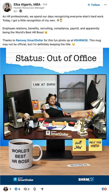 LinkedIn post by Elba Algarin, MBA about the SmartDollar SHRM26 booth