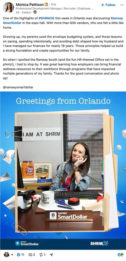 LinkedIn post by Monica Pattison about the SmartDollar SHRM26 booth