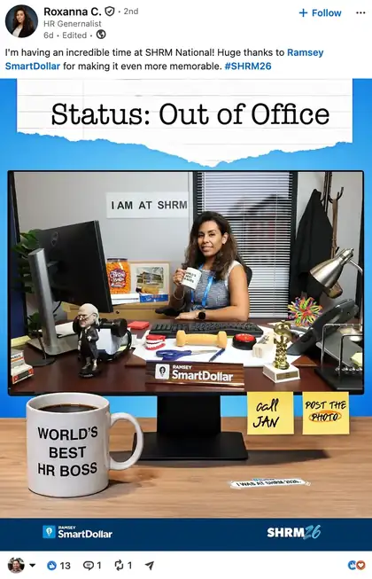 LinkedIn post by Roxanna C about the SmartDollar SHRM26 booth