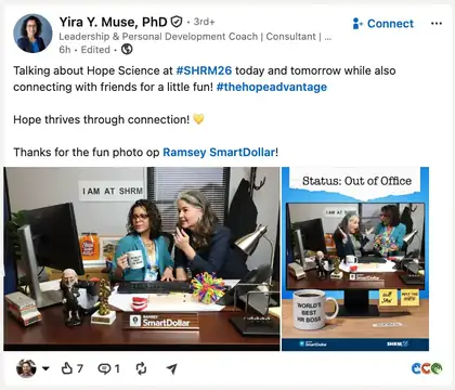 LinkedIn post by Yira Y. Muse, PhD about the SmartDollar SHRM26 booth